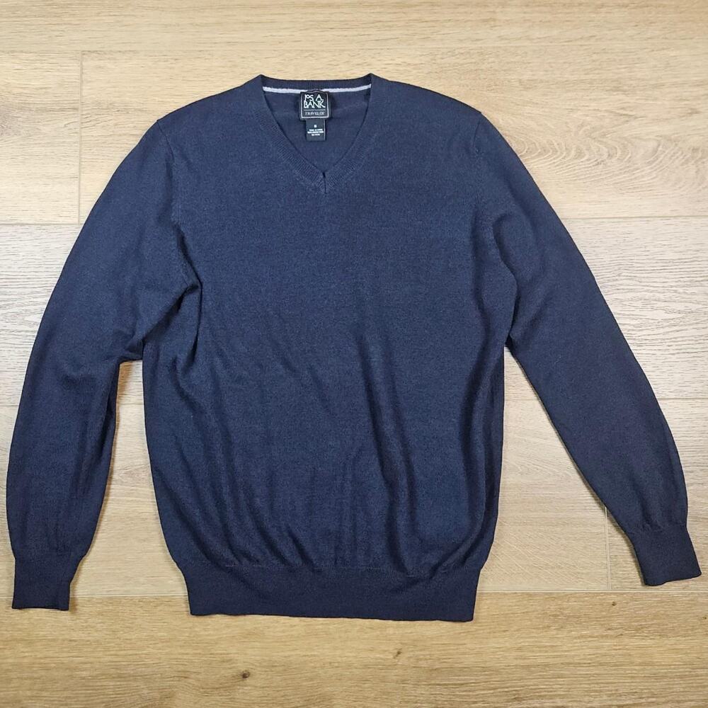Jos. A. Bank Traveler Navy Blue Merino Wool V-Neck Sweater Medium